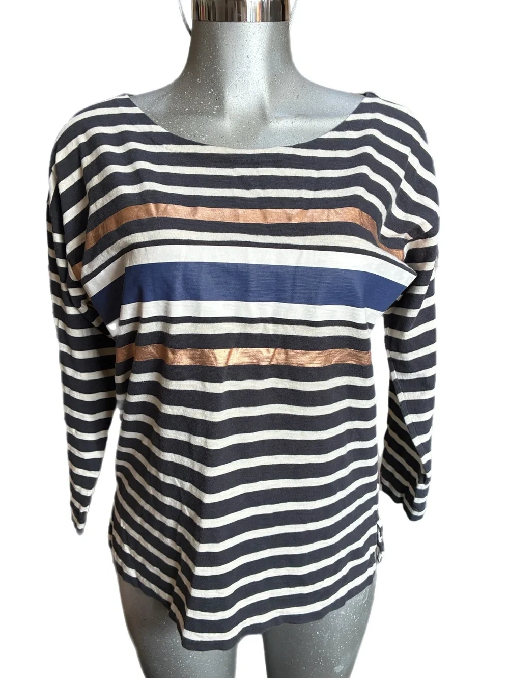 J. Crew Long Sleeve Top Boatneck Metallic Striped Navy/White/Bronze Size Large